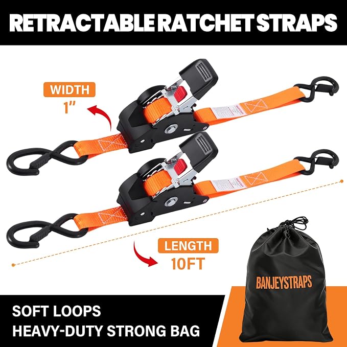 1" x 10' Self Retracting Ratchet Straps (2-Pack) - Orange Heavy Duty Tie Downs with Auto-Retract, 1540lb Break Strength for Truck, Motorcycle, ATV, UTV, Cargo Trailer