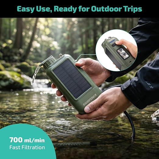 Swonder Portable Electric Water Filter – 0.01 Micron Camping Water Purifier with Solar & 5200mAh Battery, 4-Stage Filtration System for Hiking, Emergency, Survival