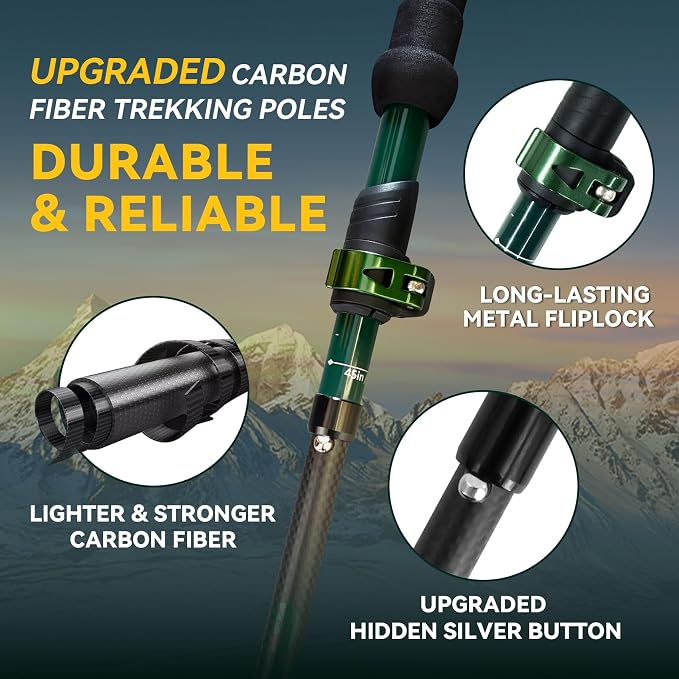 Carbon Fiber Trekking Poles - Lightweight Collapsible Hiking Poles, 2 PCS Nordic Hiking Sticks for Travel, Backpacking Walking Sticks for Men, Women, Seniors with Cork Grip & Quick-Lock System