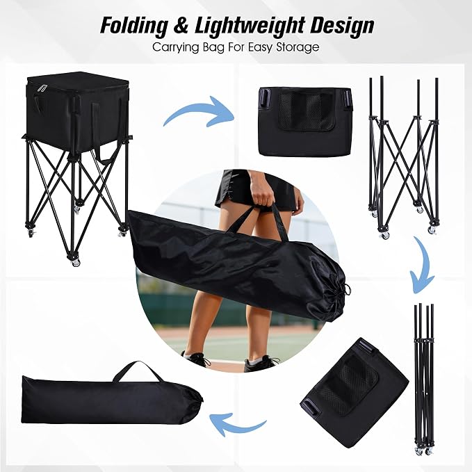 Portable Tennis Ball Hopper Holds 180 Balls, Tennis Ball Basket Cart with 4 Wheels & Brakes, Detachable Oxford Fabric Bag for Tennis and Pickleball Training, Black
