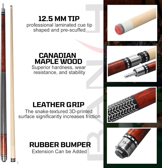 Banly Pool Cue Stick - 58" Canadian Maple Pool Cue 12.5mm Low Deflection Pool Stick Piano Lacquer Finish Professional Cue Stick