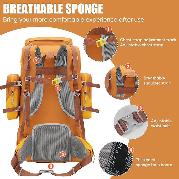 Bseash 70L (65+5) Waterproof Hiking Camping Backpack with Rain Cover, Outdoor Sport Travel Daypack for Climbing Touring (Yellow)