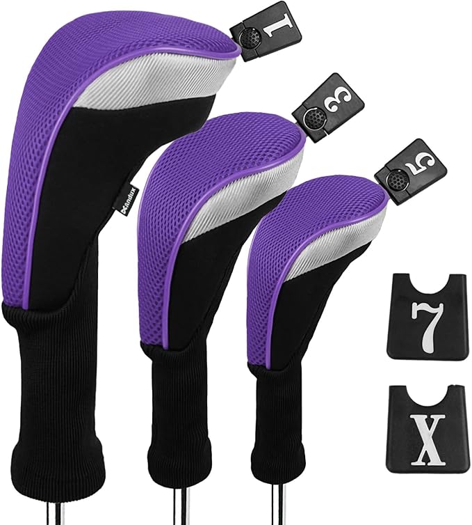 Andux 3pcs/Set Golf 460cc Driver Wood Club Head Covers Long Neck | for Driver Fairway Wood with Interchangeable No. Tags Mesh Breathable material Coloured Piping Pull-On Closure