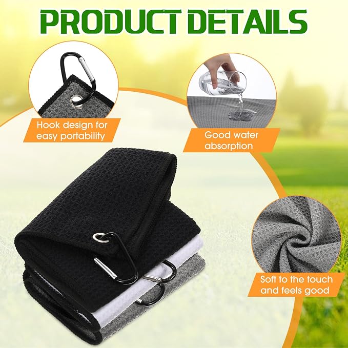 Batiyeer Golf Towels Bulk for Bags, 16"x16" Microfiber Waffle Pattern Golf Towel with Clip for Tournament, Club, Fitness