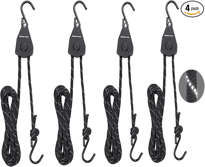 3/8" x12' Kayak Tie Down Straps with Reflective Stripe, Boat Trailer Straps Canoe Bow and Stern Rope Hanger Kayak and Canoe Accessories (Black, 4PCS)