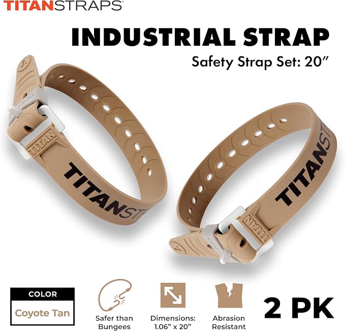Titan Industrial Straps – Safety Strap Set to Secure Splits, Cargo Bikes, Garden Hoses, Wood Working Projects – 70 lb. Working Load, 20" Length, 2-Pack Coyote Tan