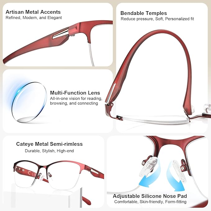 SKYOAK 2 Pack Stylish Progressive Reading Glasses for Women, Metal Half Frame Fashion Anti UV400/Eye Strain Computer Readers, Cat Eye Modern Design Ladies No-Line Multifocal Eyeglasses, +2.0