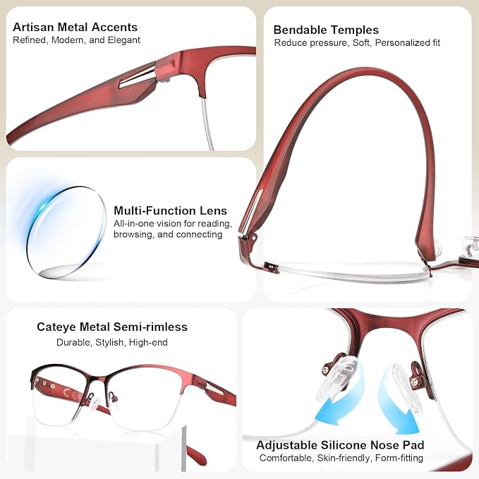 SKYOAK 2 Pack Stylish Progressive Reading Glasses for Women, Metal Half Frame Fashion Anti UV400/Eye Strain Computer Readers, Cat Eye Modern Design Ladies No-Line Multifocal Eyeglasses, +2.25