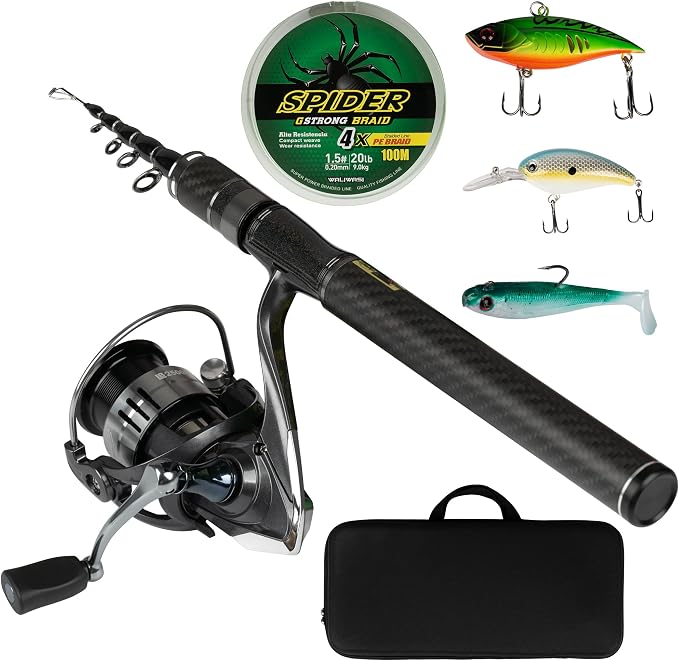 Telescopic Fishing Rod and Carbon Fiber Spinning Reel Combo – Lightweight Travel Fishing Pole Portable Backpack Kit