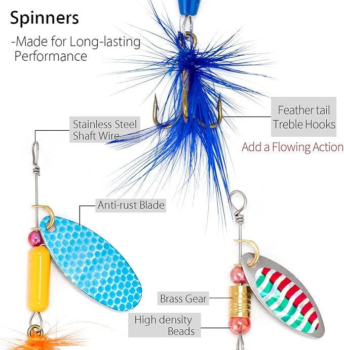 Dr.Fish 60 Pieces Fishing Lures, 5 Tackle Box with Tackle Included, Trout Lures Feather Tail Spinner Baits Soft Baits Fishing Lures for Freshwater Saltwater Crappie Walleye Bass Lures Kit