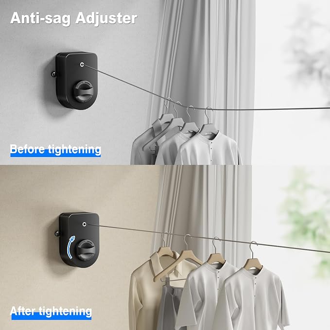 Mustorn Retractable Clothesline Indoor, Non-Sagging Outdoor Clothes Line Retracting Heavy Duty Clothes Drying Laundry Line Wall Mounted Stainless Steel Line-13.8 Feets (Single Line-Black)