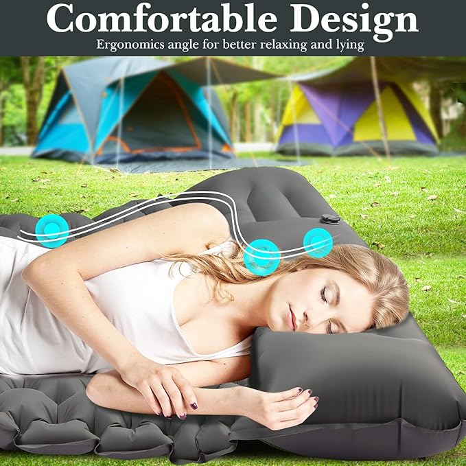 Double Sleeping Pad for Camping - 4" Extra Thick Self Inflating Air Mattress for 2 Person with Built-in Pillow & Foot Pump, Waterproof Inflatable Sleeping Mat for Backpacking Tent Hiking Travel