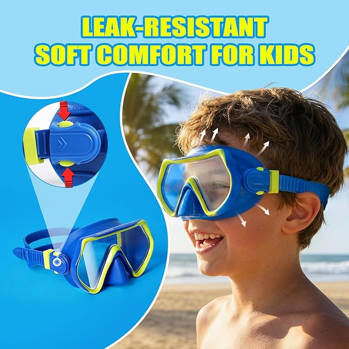 DRMAWIN Snorkeling Gear for Adults & Kids, Dry-Top Snorkel Set with 180° Tempered Glass Mask, Anti-Fog Anti-Leak, Travel Mesh Gear Bag