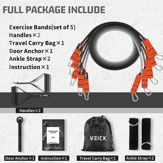 VEICK Resistance Bands Set, 10-150 LBS Stackable Exercise Bands with Handles, Ankle Straps & Door Anchor, Workout Bands for Home Gym, Yoga, Pilates, Physical Therapy for Men Women