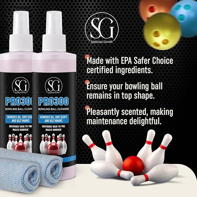 Bowling Ball Cleaner Spray - Oil, Scuff, and Belt Mark Cleaner Restores Tack, Prolongs Lifespan of Ball - EPA Safer Bowling Ball Restoration - Bowling Accessories - 8FL Oz