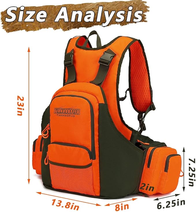 Upland Bird Hunting Vest Backpack, Waterproof Blaze Orange with Hydration Bladder, Built-in Compass & Whistle, Dog Gear Pockets, for Dove Pheasant Quail Breathable Tactical Hunting Vest