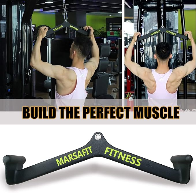 MARSAFIT Home Gym Fitness Rowing T-bar V-bar Pulley Cable Machine Attachment, Bicep Curl Tricep LAT pulldown Bar Back Strength Training Handle Grips LAT Pull Down Bar for Seat Row Workout