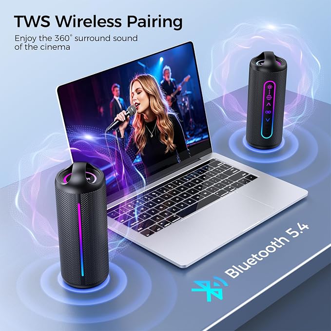 Wilody Portable Bluetooth Speaker, 20W Powerful Sound with EQ Modes, IPX6 Waterproof, 20H Playtime, Bluetooth 5.4, TWS, LED Lights, Portable Wireless Speakers for Home Party Camping Beach Outdoor
