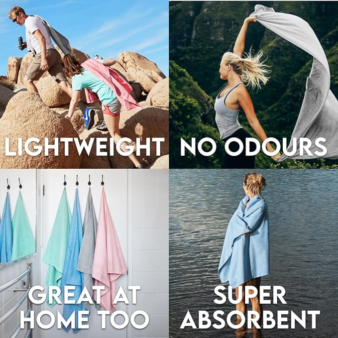 Dock & Bay Beach Towel - Quick Dry, Sand Free - Compact, Lightweight - 100% Recycled - Includes Bag - Essential - Mountain Grey - Extra Large (200x90cm, 78x35)