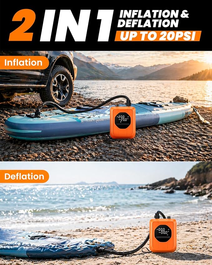 12V Car-Powered Paddle Board Pump, Electric SUP Pump with Auto-Off, Dual-Stage Fast Inflation to 20 PSI, Inflate/Deflate Air Pump with 7 Nozzles for Paddle Boards, Kayaks & Inflatables