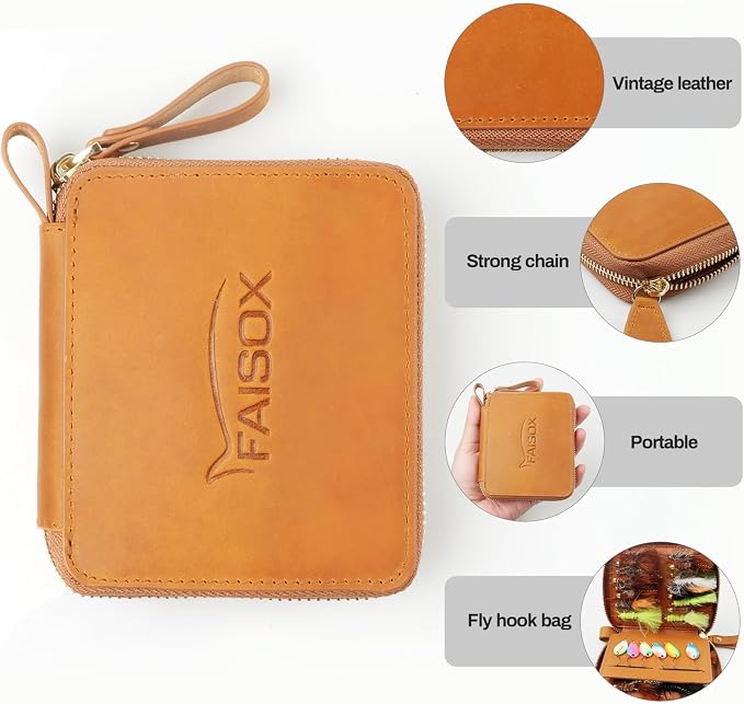 Lure Fly Fishing Leather Wallet Tackle Box Storage Spinner Bait Spoon Lures Flies Streamer Dry Fly Box Display Pocket Case Gifts for Men, Women (Size: 4.5"x3.9"x 0.7")