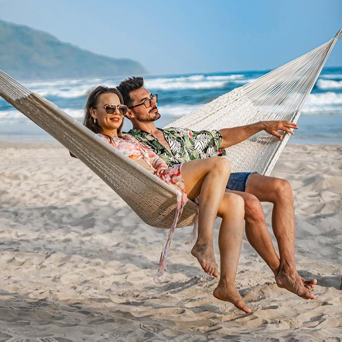 Lazy Daze Hammocks Handwoven XL Mayan Hammock, 10.5 FT Soft Rope Double Hammocks, Portable Outdoor Hammock with Carry Bag, 2 Straps & Carabiners for Patio Outside, 550 lbs Weight Capacity, Natural