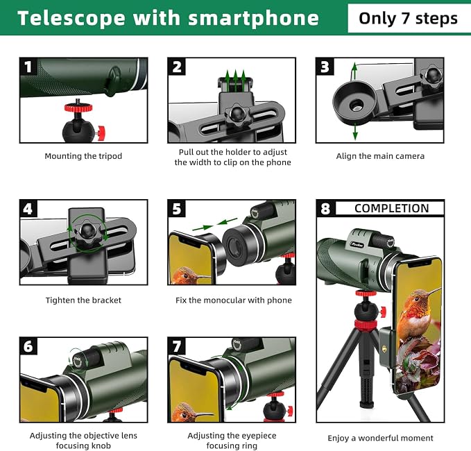 40x60 HD Monocular Telescope for Adults with Smartphone Adapter Tripod Hand Strap, Hand-held Monocular for Adults with BAK4 Prism&FMC Lens for Birdwatching Hiking Concert Travelling