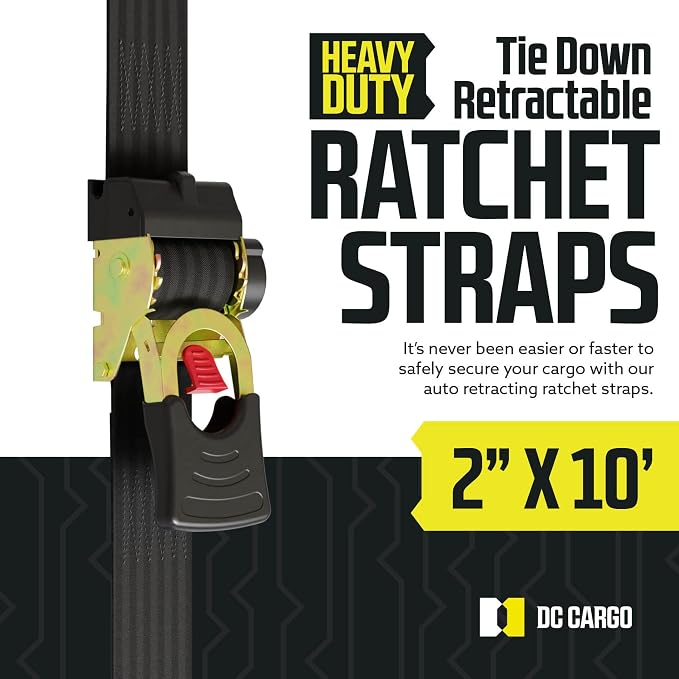 DC Cargo Mall Auto Retractable Ratchet Straps (2-Pack) 2” x 10ft, Heavy Duty, 3,033lb Break Strength – Tie Down Straps for Cargo, Truck, Trailer, Boats
