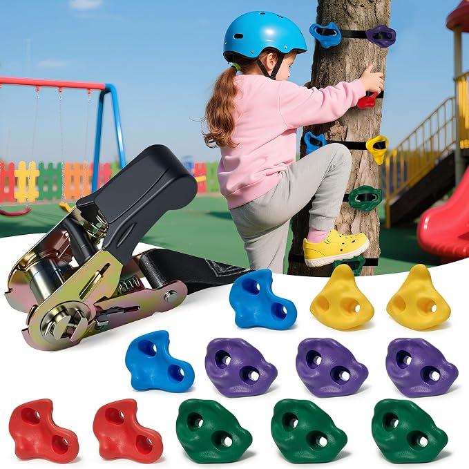 12 PCS Large Ninja Tree Climbing Holds for Kids,Tree Rock Climbing Kit with 6 Ratchet Straps for Kids,Large Rock Climbing Holds for Outdoor Ninja Warrior Obstacle Course Training