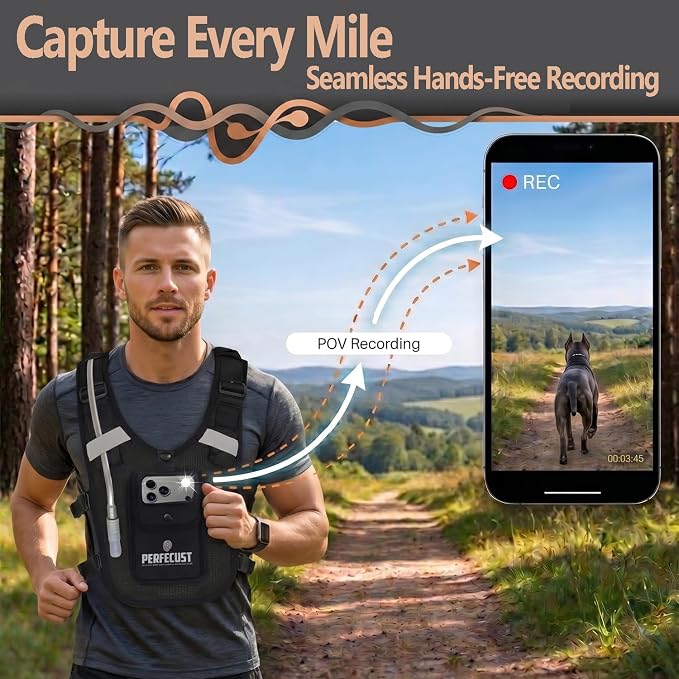Running Hydration Vest with POV Camera Phone Pocket — Includes 1.5L Water Bladder — Zero-Bounce Stability, Adjustable Straps — Lightweight Reflective Hiking Backpack for Women & Men