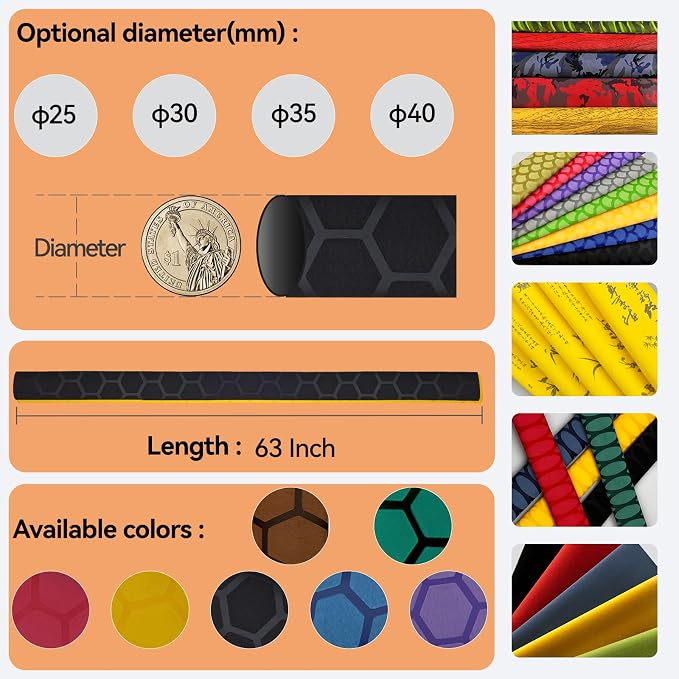 Hex Pattern Handle Heat Shrink for Fishing Rod, Table Tennis Paddle - Sleek, Multiple Colors (30mm Dia. x 1.6m Long, Brown)