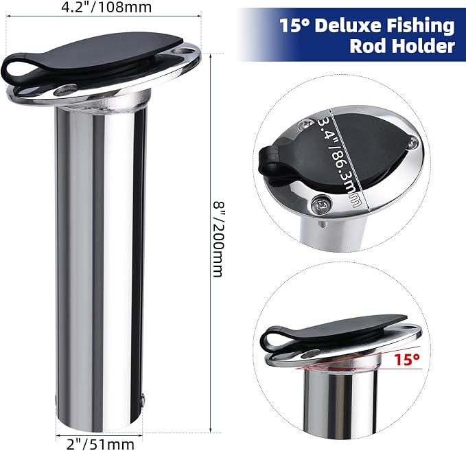 NovelBee 4pcs Fishing Rod Holders with Rubber Cap and Mounting Screws,15 Degree Stainless Steel Flush Mount Rod Holder for Fishing Boat