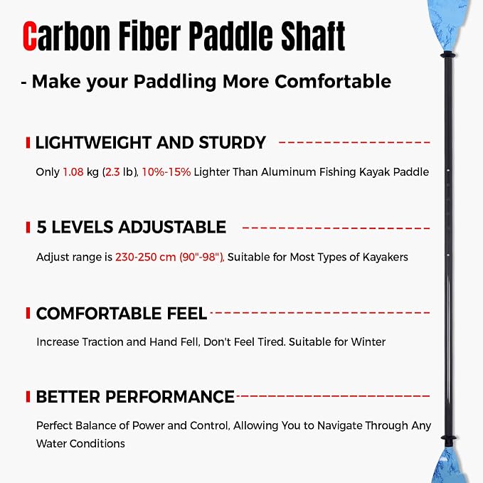 Angler Kayak Paddle Carbon Fiber Shaft and Plastic Blade, Floating Adjustable Fihsing Kayak Oar with Paddle Leash, 230-250cm/90-98 inch