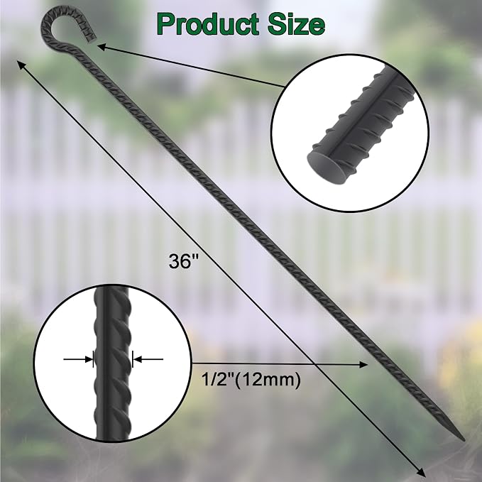 36 Inch Rebar Stakes 1/2" Diameter 6 Pack Extra Long Tree Stakes | Heavy Duty Steel Ground Anchors with Loop for High Wind, Temporary Fencing, Greenhouse, Industrial Use, Black