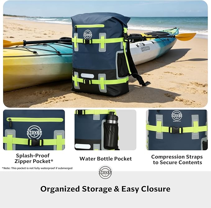 STOVER 55L Waterproof Dry Backpack & Phone Case - 2XL Floating Dry Bag for Kayaking, Travel, Hiking, Fishing, Camping, Motorcycles & Beach, Heavy-Duty Roll Top Men/Women (Navy Blue/Black/Green)