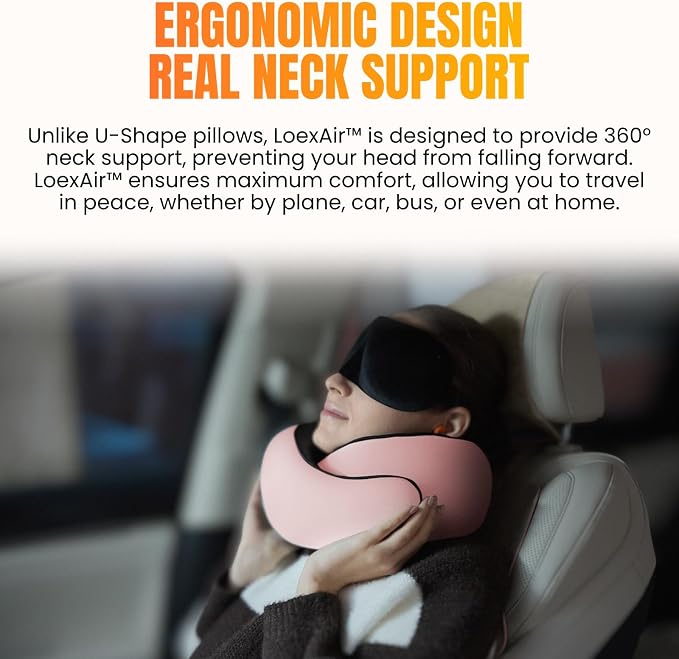 LOEXAIR™ Travel Pillow, Neck Pillow Travel for Airplane, Car - 100% Cotton Fabric & Memory Foam Plane Pillow, Lightweight & Easy-to-Carry on Flight, Full Travel Set (Eye Mask, Earplugs) - Sakura Pink