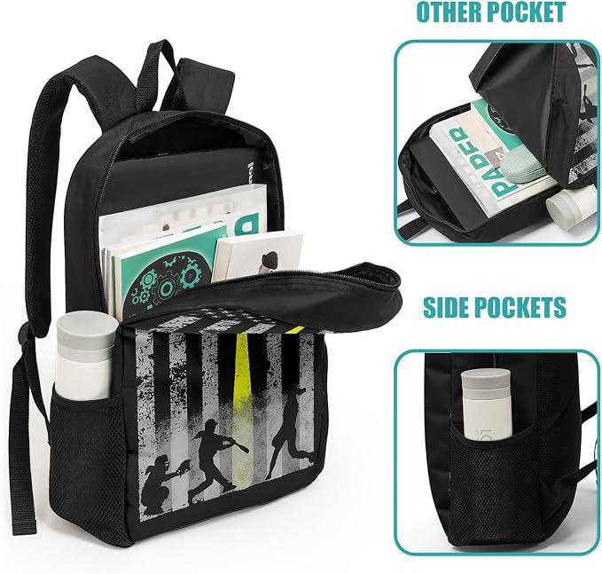 Giwawa Baseball American Flag Backpack Set 3 Pcs Patriotic USA Sporty Lightweight Bookbag Insulated Lunch Box Organizer for Athletes Students Sports Events Study Back to School Day Travel