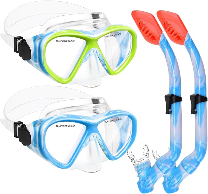 2 Sets Snorkeling Gear for Kids, Kids Snorkel Set for Ages 6-14, Dry Top Snorkel Mask Set for Youth Boys Girls Junior, Tempered Glass Diving Swimming Mask Goggles