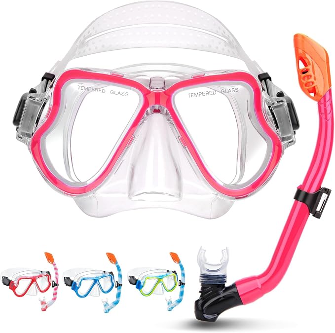 Snorkeling Gear for Kids, 4 in 1 Child Mask Fins Snorkel Set with Panoramic View Anti Fog Mask, Dry Top Snorkel, Trek Fins and Travel Bag, Kids Snorkeling Set with Fins for Snorkeling Swimming