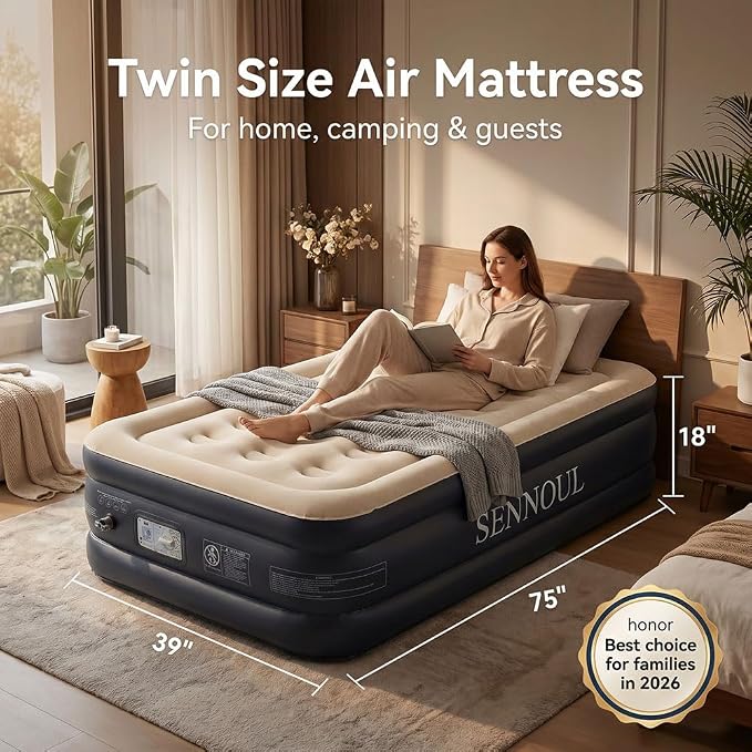 SENNOUL Twin Air Mattress with Built-in Pump,Fast & Easy Inflation/Deflation Inflatable Mattress, Foldable Blow Up Mattress with Storage Bag, Inflatable Bed for Home, Camping & Guests,18"/550lbs Max