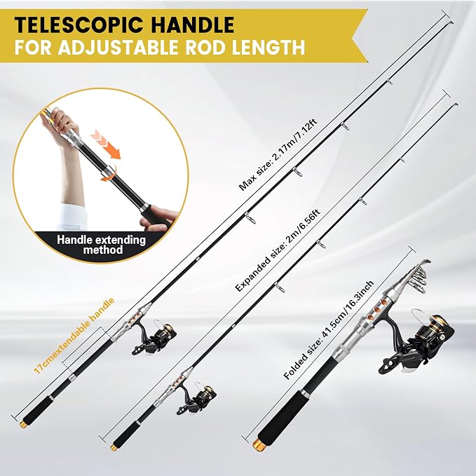 Fishing Pole Kit, Carbon Fiber Telescopic Fishing Rod and Reel Combo with Spinning Reel, Line, Bionic Bait, Hooks and Carrier Bag, Fishing Gear Set for Beginner Adults