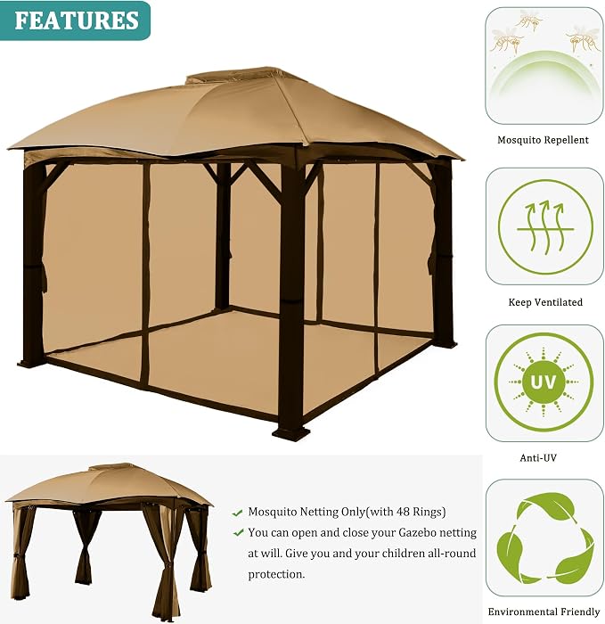 Gazebo Mosquito Netting 10x10ft, Replacement Universal Gazebo Netting with Zippers for Outdoor Garden Patio 4-Panel Screen Sidewalls, Brown (Mosquito Net Only)