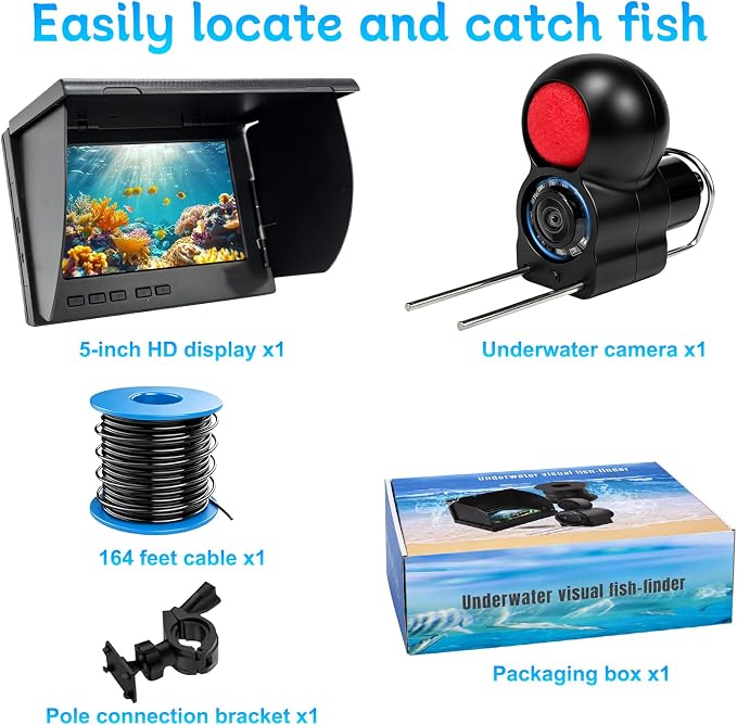 5" Underwater Fishing Camera, 2000NIT Sunlight Readable Fish Finder with 1080P Lens, 8000mAh Battery for 9H Use, IP68 Waterproof Video Camera for Ice Lake Boat Kayak Fishing - 65ft/20m Cable