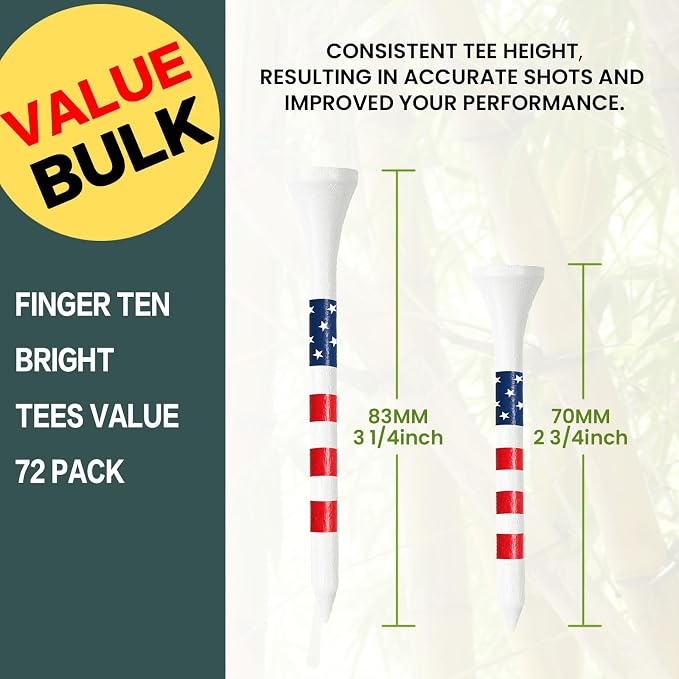 FINGER TEN Premium Bamboo Wood Golf Tees Unique Box Design 18-Pack Per Box Value 18/72/180 Pack, Wooden Tees in 2 3/4" 3 1/4" Durable for Golfers, USA Flag Design Pro Tee Choice