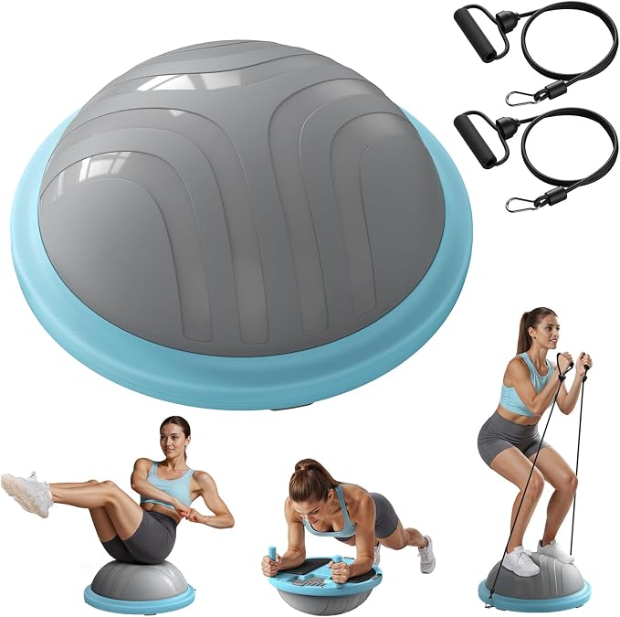 MERACH Balance Ball Trainer, 18 Inch Half Exercise Ball with Resistance Bands and Foot Pump, Half Yoga Ball for Core Strength Training, 450lb Capacity