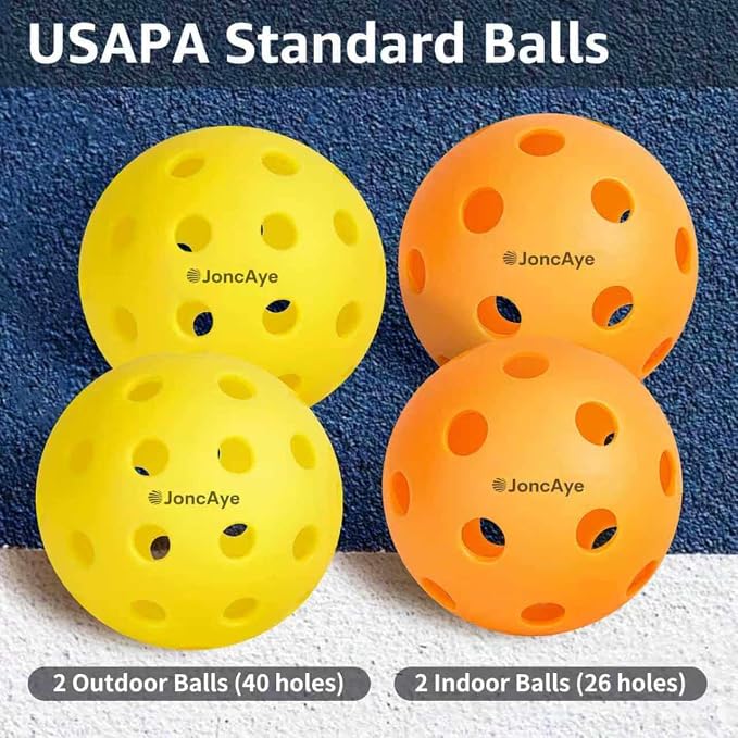 JoncAye Pickleball Paddles Set of 4 or 2, USAPA Approved Fiberglass Rackets with Outdoor Indoor Balls, Bag, Overgrip, Lightweight for Family, Professional Equipment for Beginners Intermediate