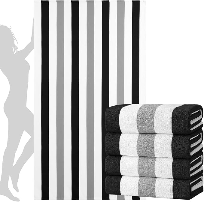 Jessy Home 4 Pack Striped Oversized Beach Towel Set, 40x70 Inch Microfiber Sandproof Quick Dry Super Soft Swim Towels, Absorbent Stylish Pool Towels, Swim Cover Up for Beach Vacation Travel