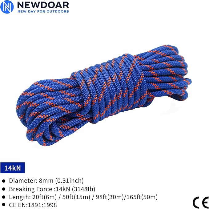NewDoar Static Climbing Rope - 8mm (5/16c) / 10mm (3/8”) Double Braid Accessory Cord for Rock,Hauling, Prusik, Survival - Pre-Cut 20FT, 50FT, 100FT, 165FT Lengths - Outdoor, Fire Rescue Equipment