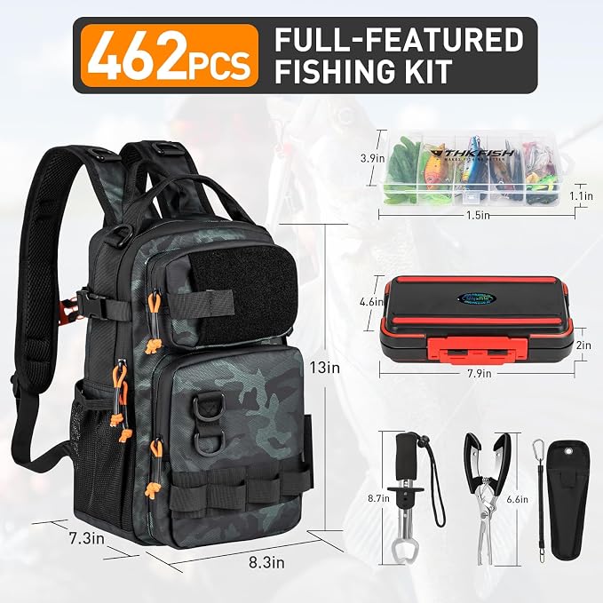 THKFISH Fishing Tool Kit, Backpack and Tackle Box with Tackle Included Lures Hooks Sinkers Accessories Kit,Pliers, Fish Lip Gripper, Fishing Gear and Fishing Gift for Men