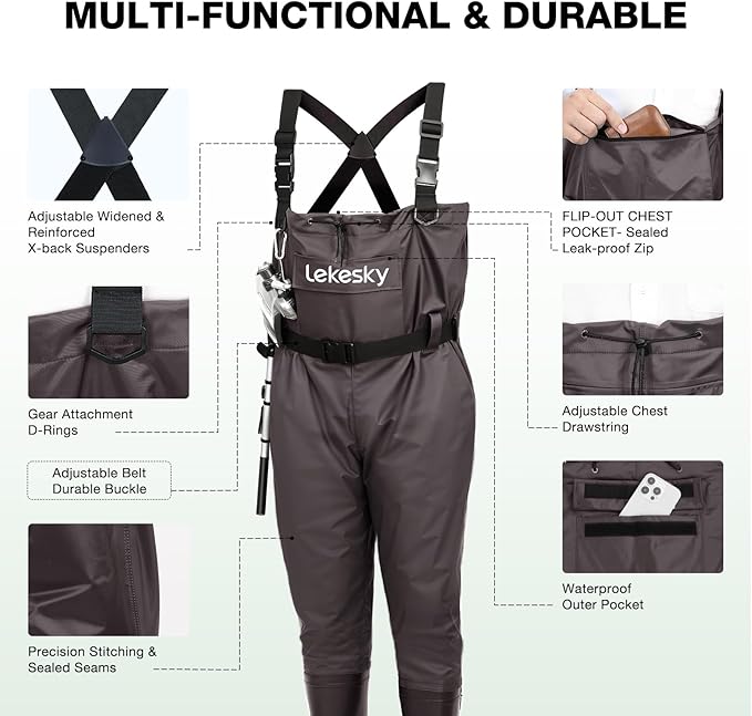 Lekesky Fly Fishing Chest Waders with Boots for Men Women, US Sizes 5–14,2-Ply Nylon/Pvc Waterproof Waders